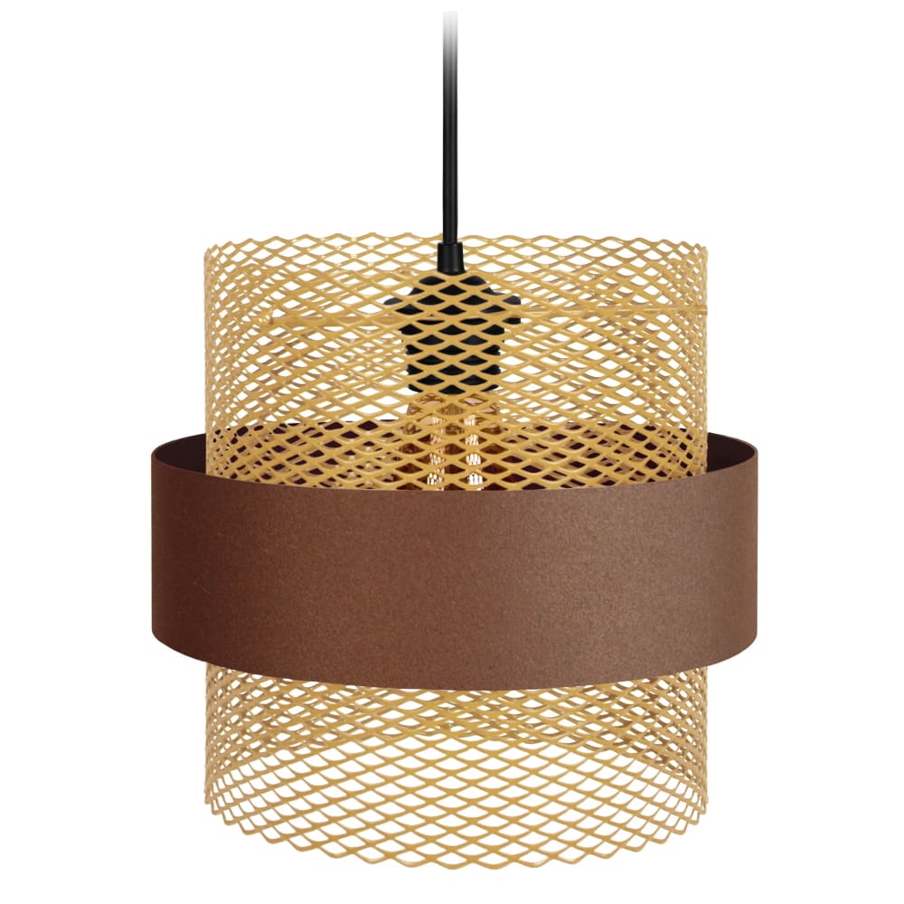 Suspension métal noir abat-jour marron et or