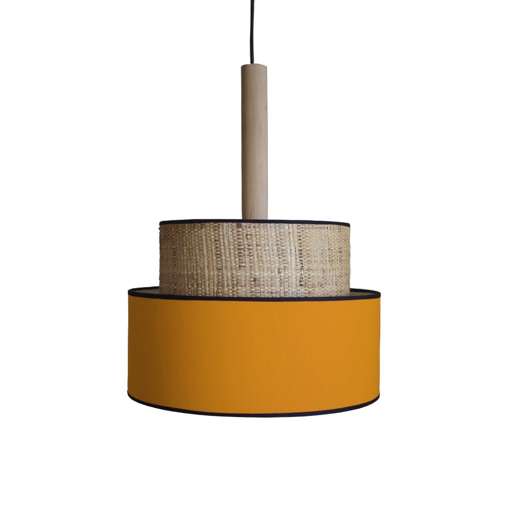 Suspension métal noir bois naturel abat-jour jaune moustarde