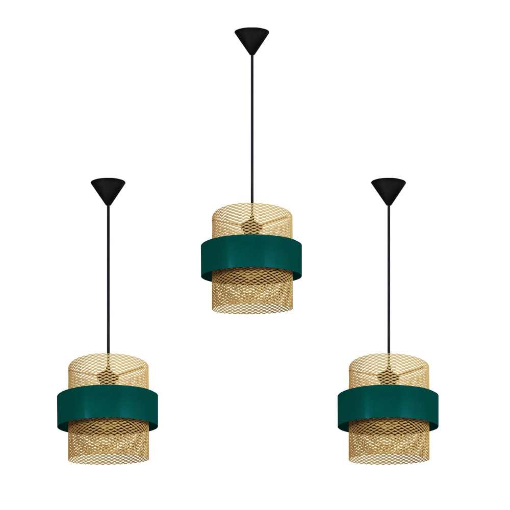 Lot 3 Suspension métal  noir abat-jour vert et crème
