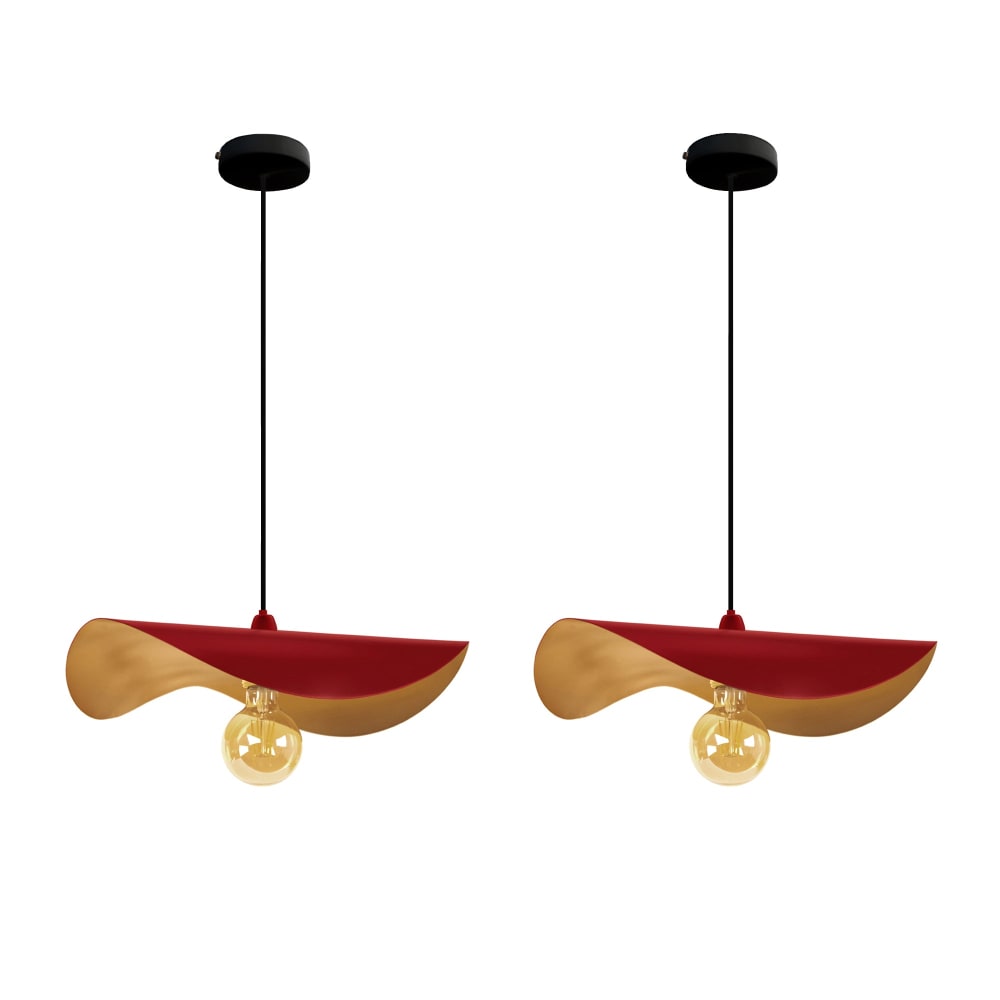 lOT 2 Suspension métal noir abat-jour rouge et or