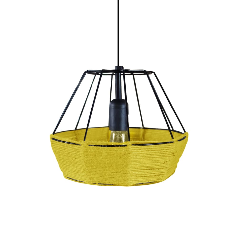 Suspension métal noir abat-jour ficelle Jaune