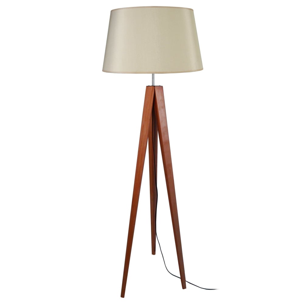 Lampadaire bois foncé abat-jour beige