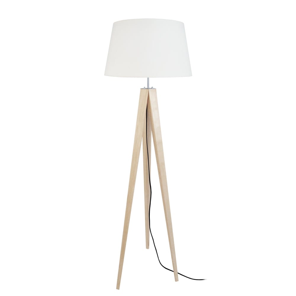 lampara de pie tripode madera natural pantallo crudo