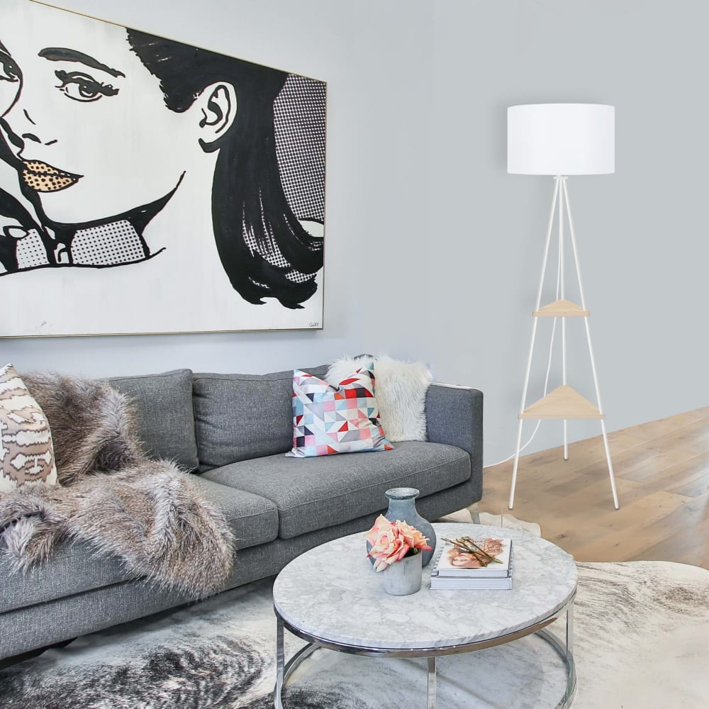 Lampadaire métal et bois naturel abat-jour blanc