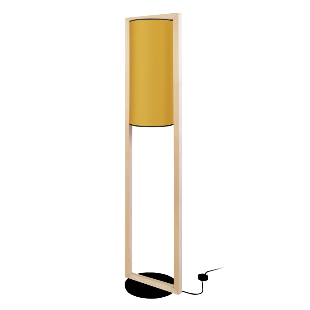 Lampadaire bois naturel métal noir abat-jour tissu jaune