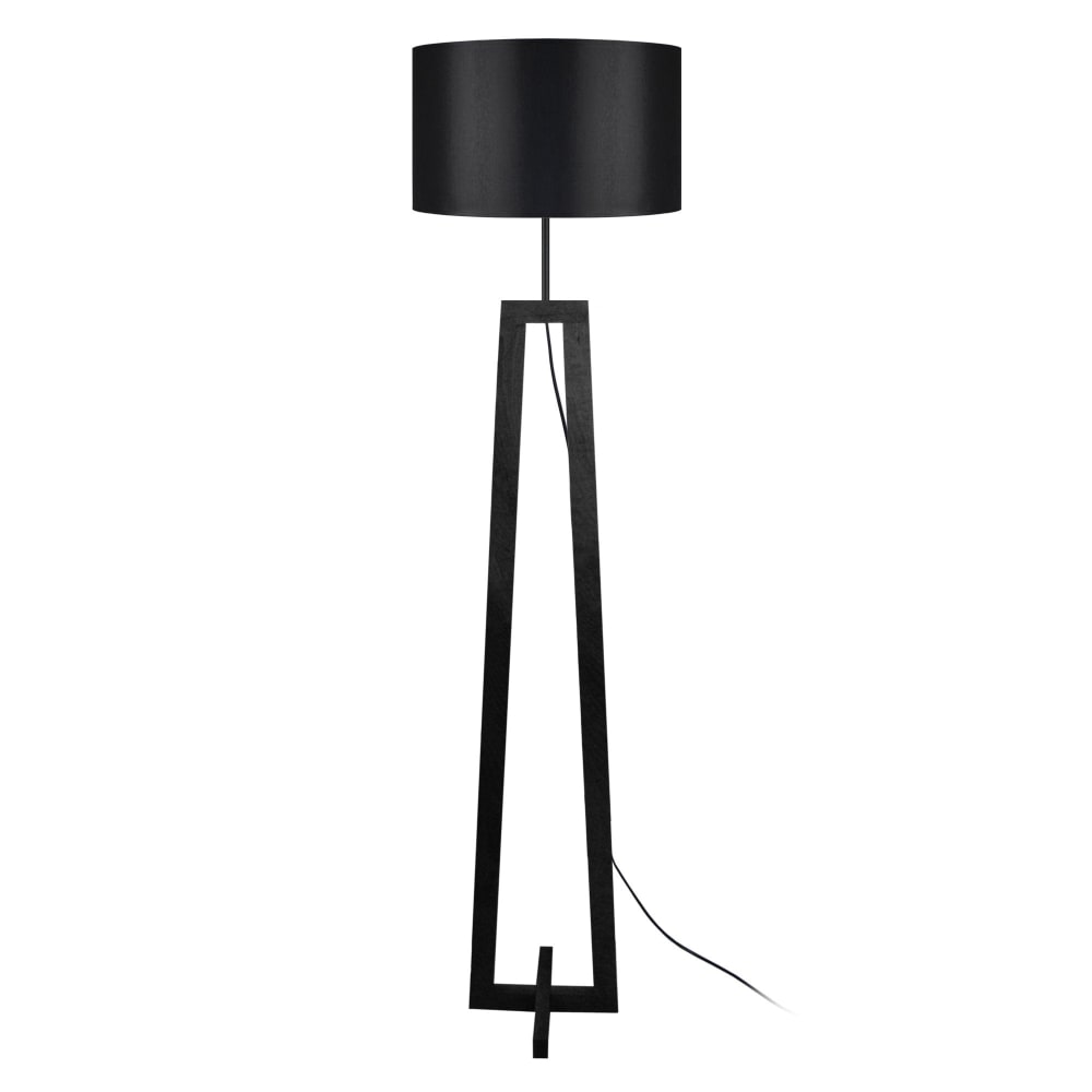 Lampadaire bois metal noir abat-jour tissu noir