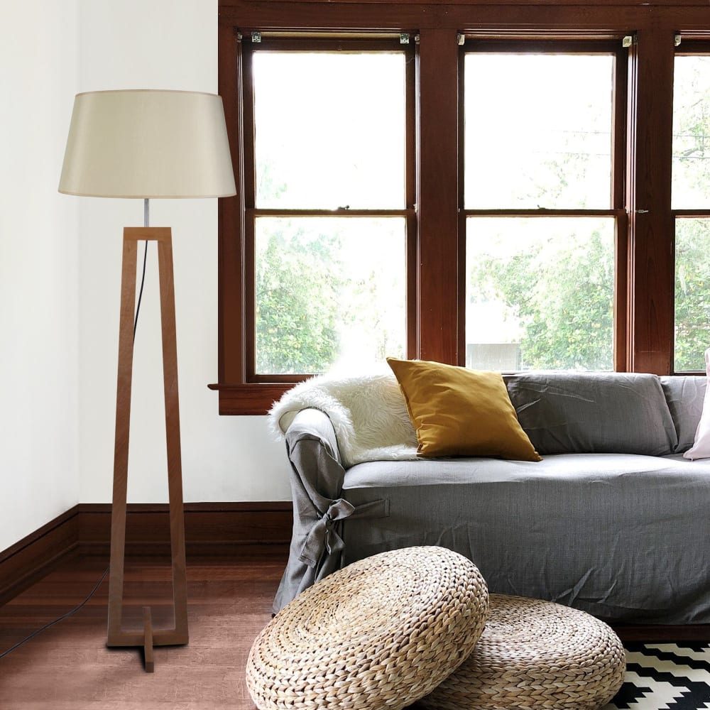 Lampadaire bois foncé abat-jour tissu crème — vue 3