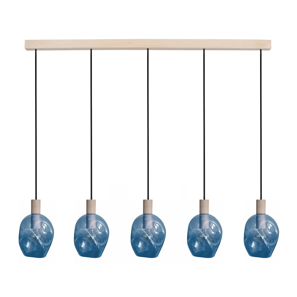 Lustre bois naturel  H100cm Abat-jour bleu