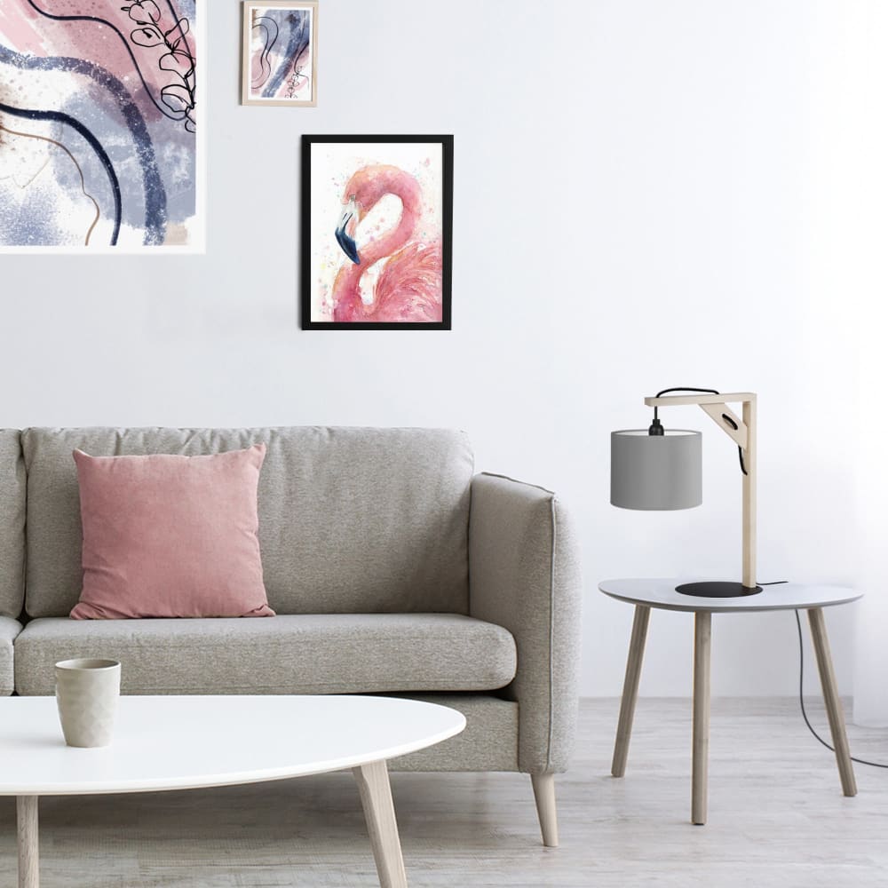 Lampe à poser métal bois naturel abat-jour tissu gris — vue 3