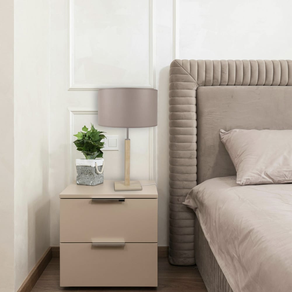 Lampe de table bois naturel abat-jour tissu taupe — vue 3