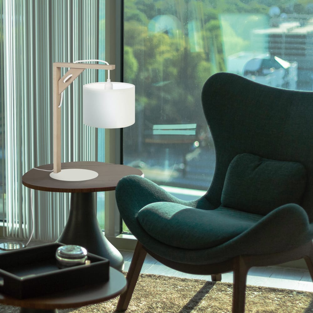 Lampe de table métal bois naturel abat-jour tissu écru — vue 3