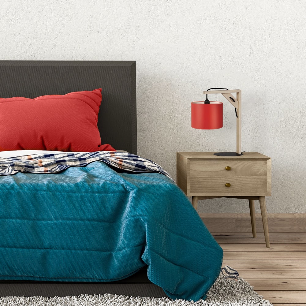 Lampe à poser métal bois naturel abat-jour tissu rouge — vue 3
