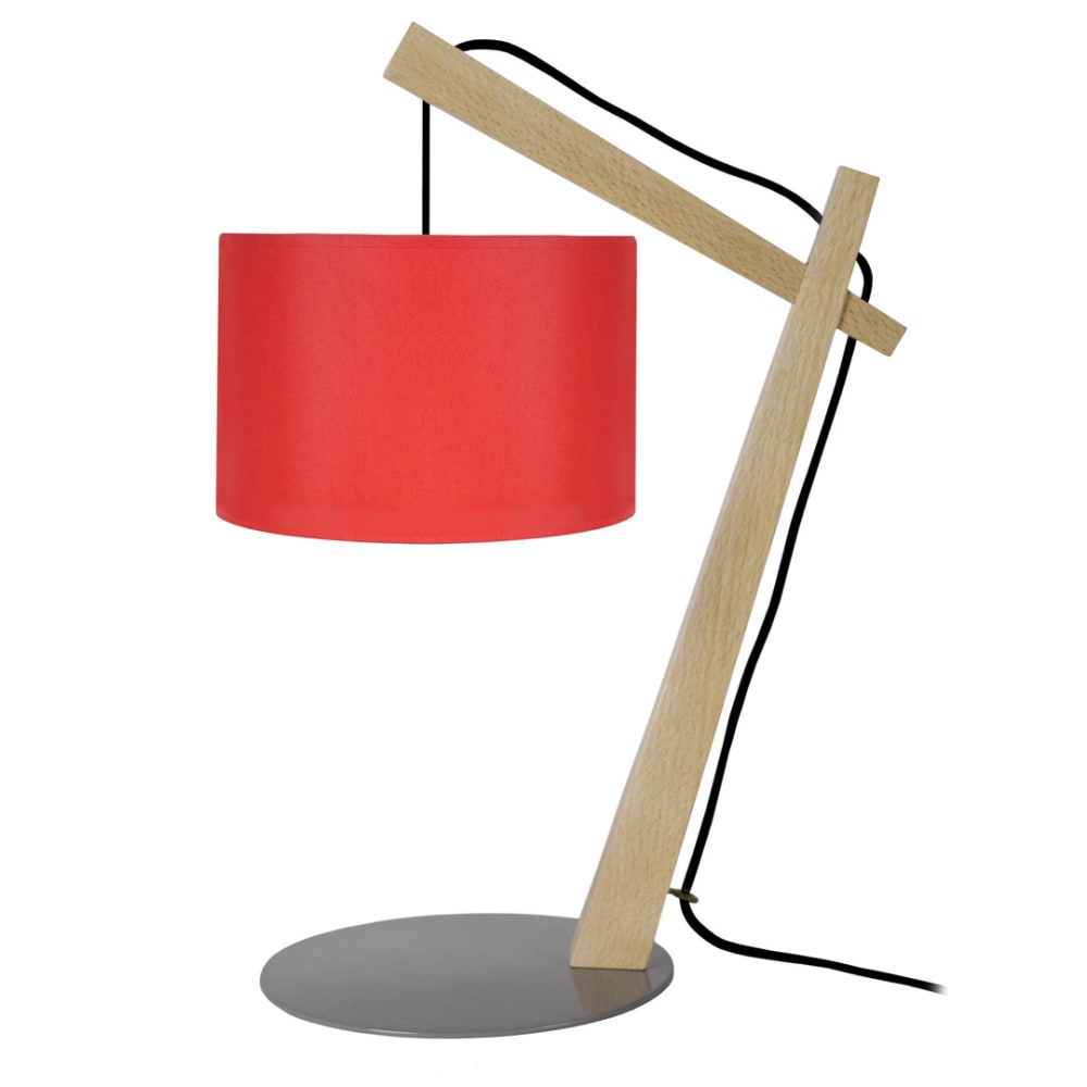 Lampe a poser métal bois naturel abat-jour tissu rouge