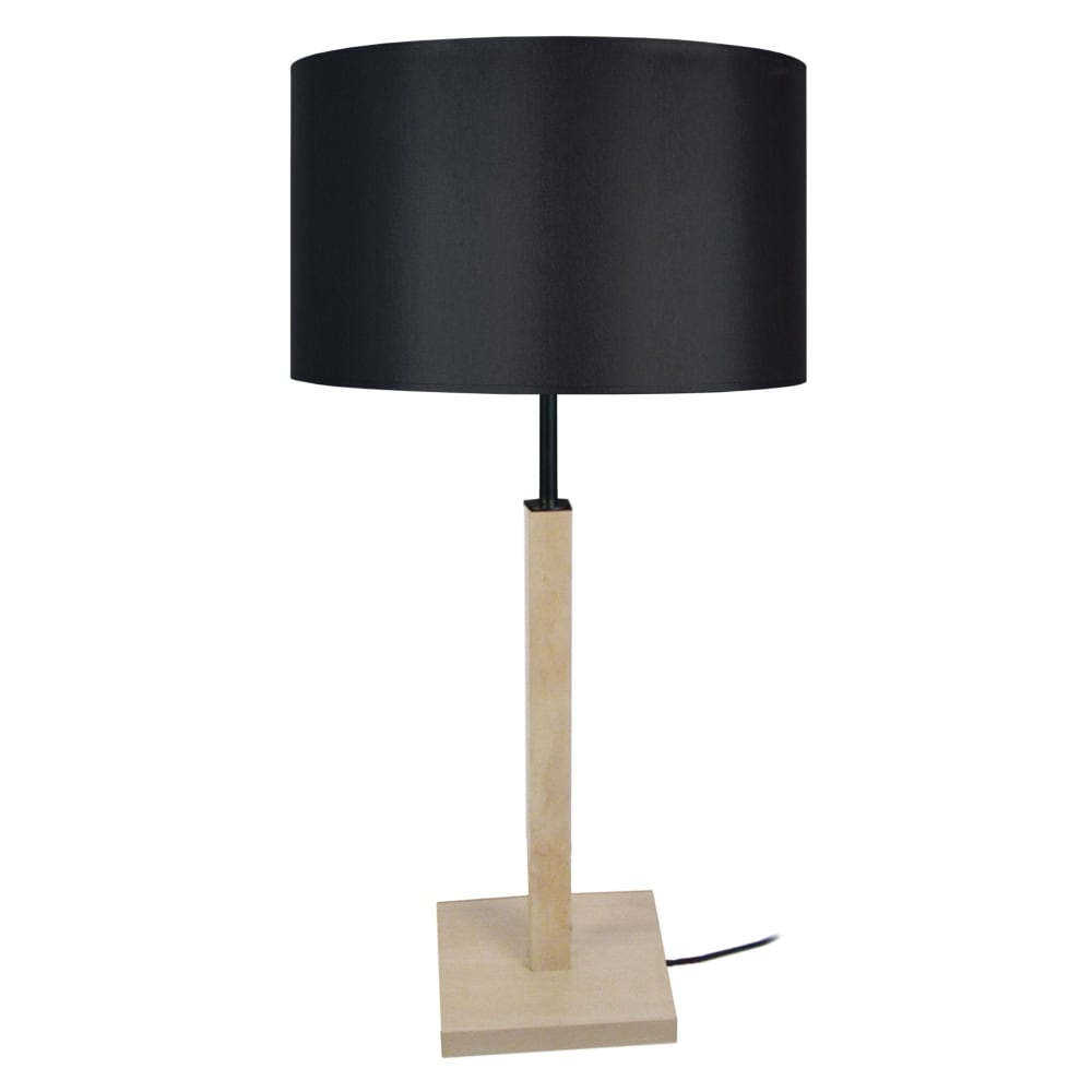 Lampe de table pied carré bois naturel abat-jour tissu noir