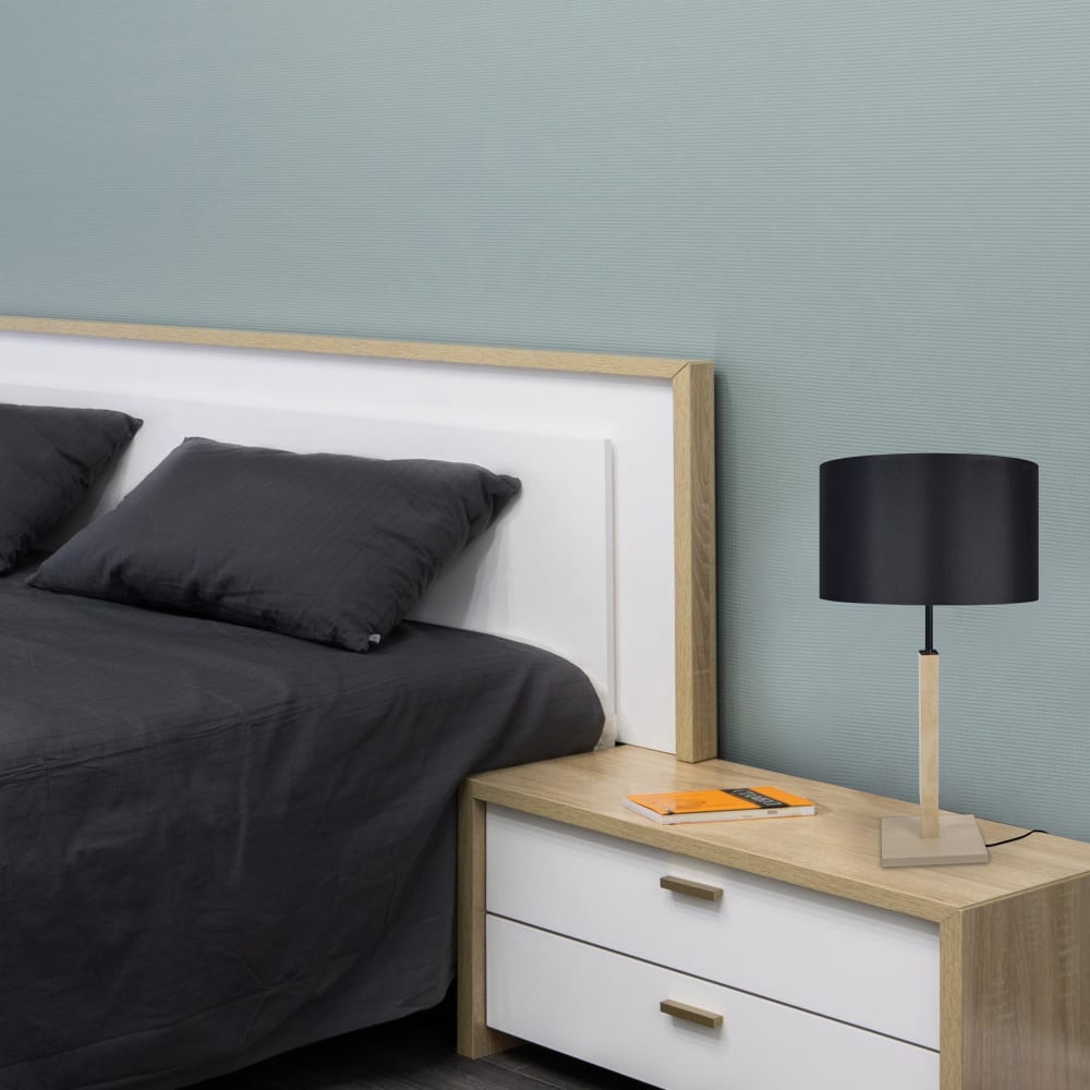Lampe de table pied carré bois naturel abat-jour tissu noir — vue 3