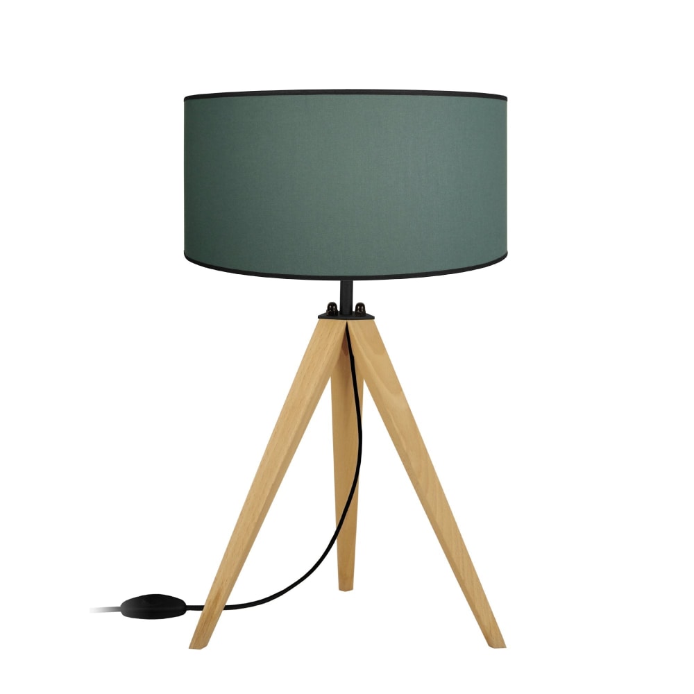 Lampe de table bois naturel abat-jour tissu vert pétrole