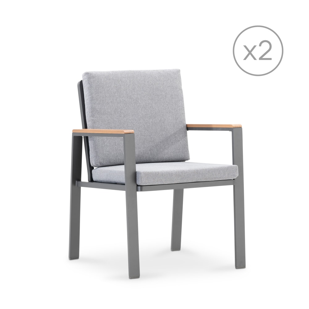 Lot 2 chaises alum anthracite avec accoudoirs efect bois avec coussins