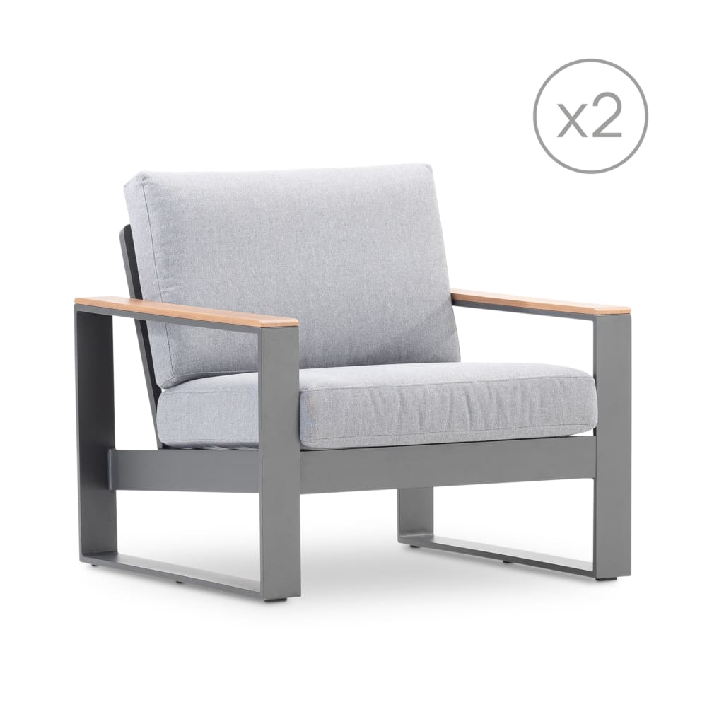 Pack 2 fauteuils jardin aluminium anthracite et accoudoirs effet bois