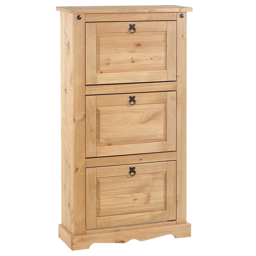 Meuble à chaussures 3 abattants en bois massif, finition antique