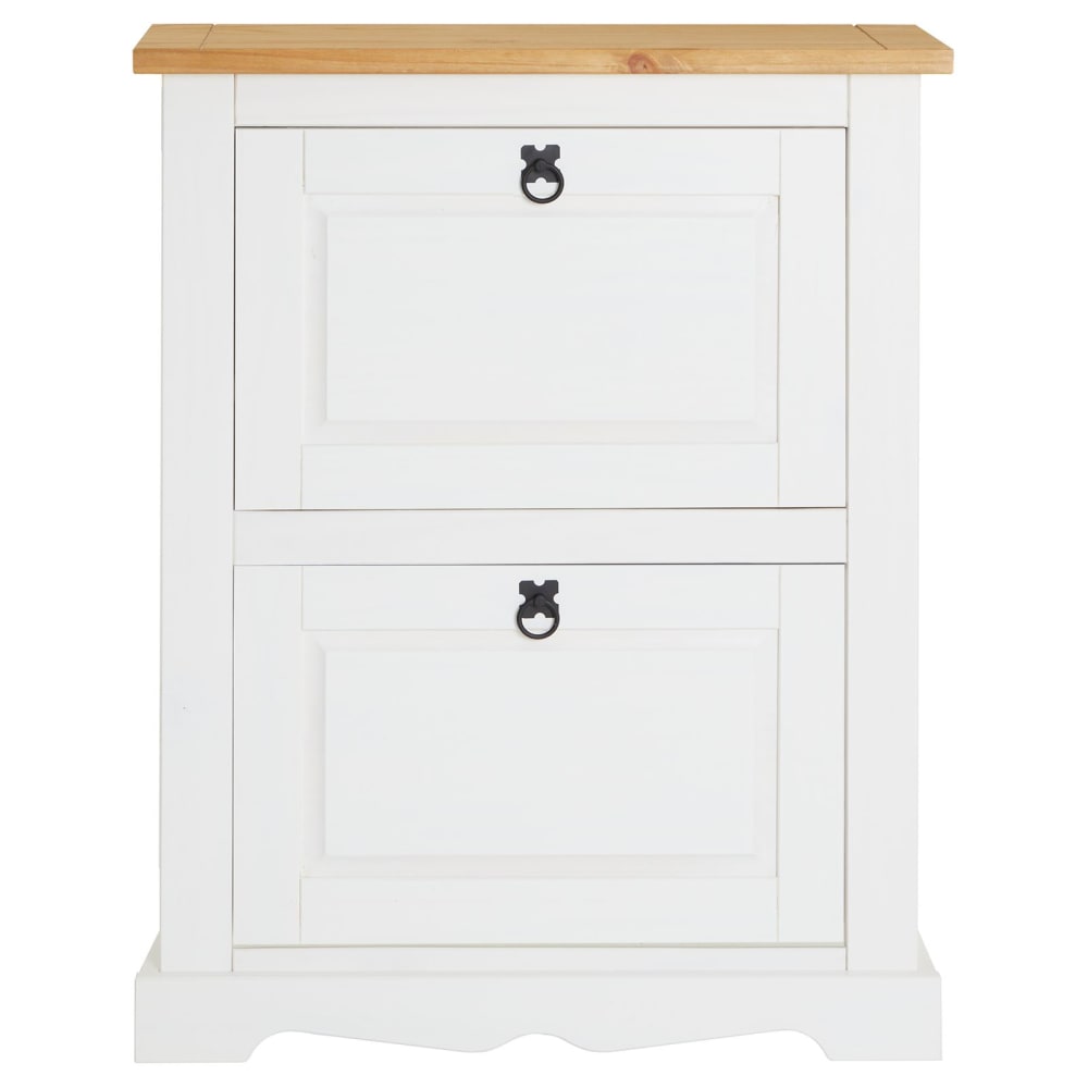 Meuble à chaussures 2 abattants en bois massif, blanc/brun