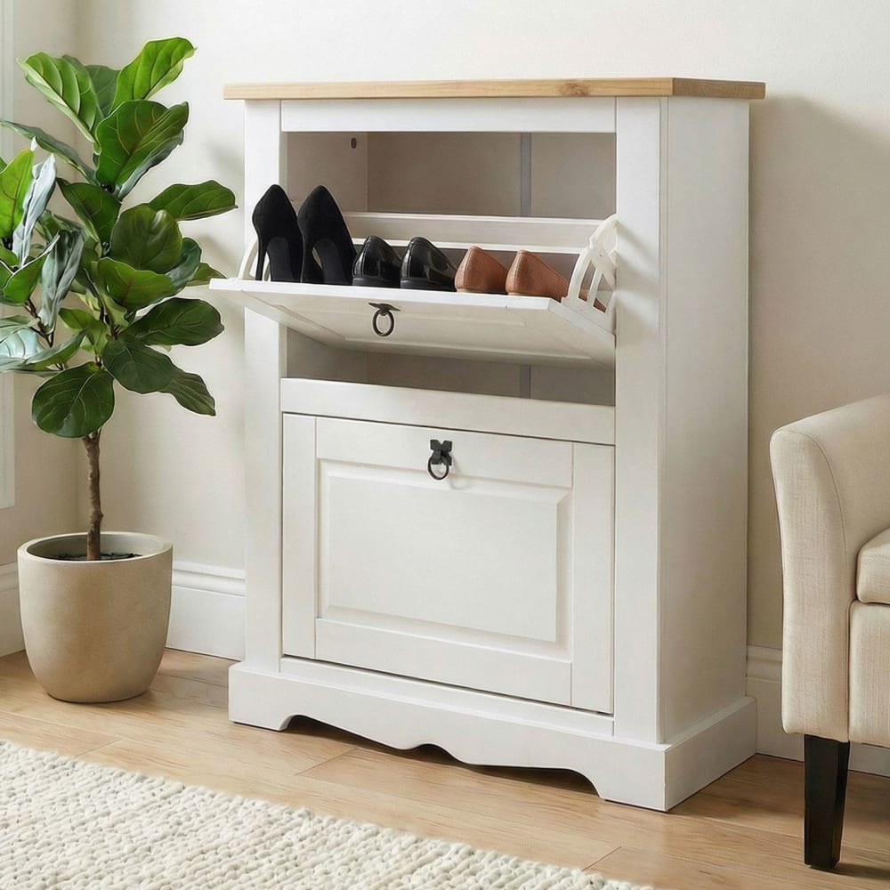 Meuble à chaussures 2 abattants en bois massif, blanc/brun