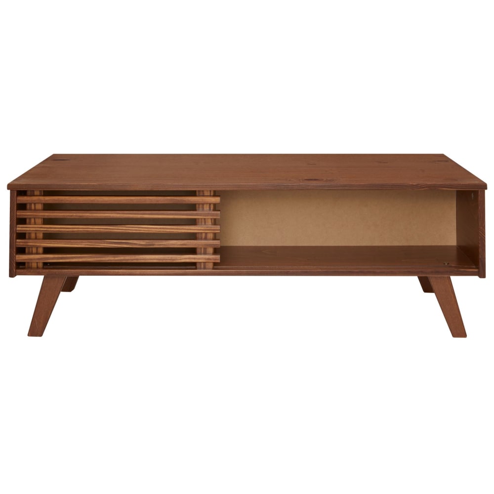 Table basse porte coulissante en bois massif, coloris châtaigne