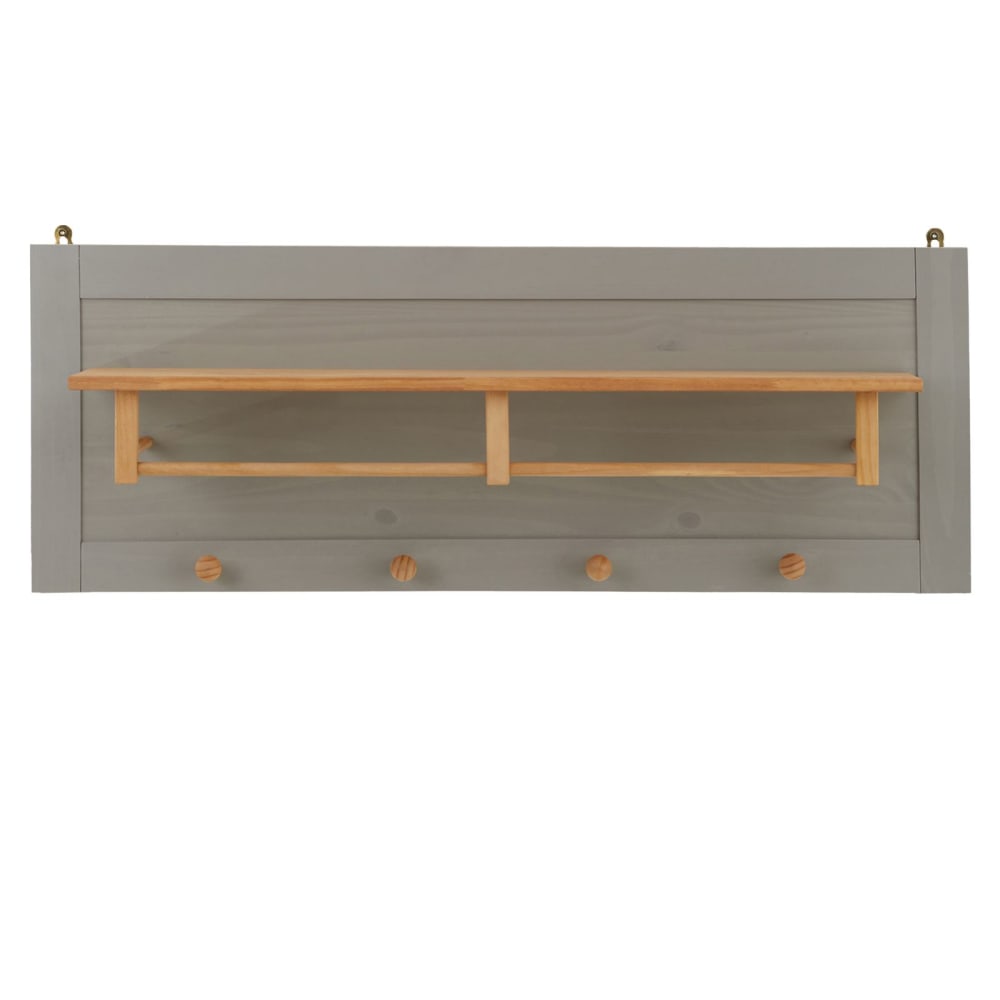 Portemanteau mural 4 patères 1 étagère en bois massif, gris/brun