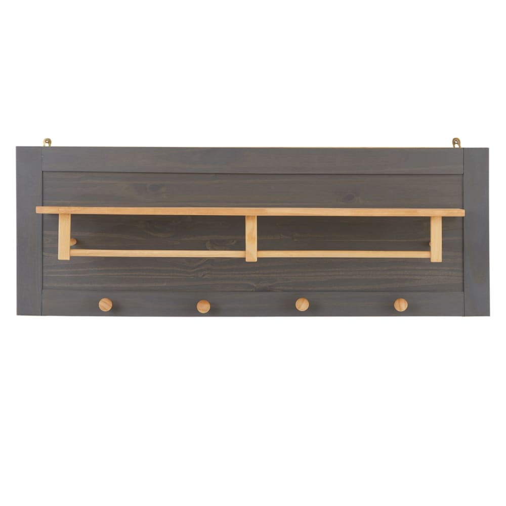 Portemanteau mural 4 patères 1 étagère en bois massif, anthracite/gris