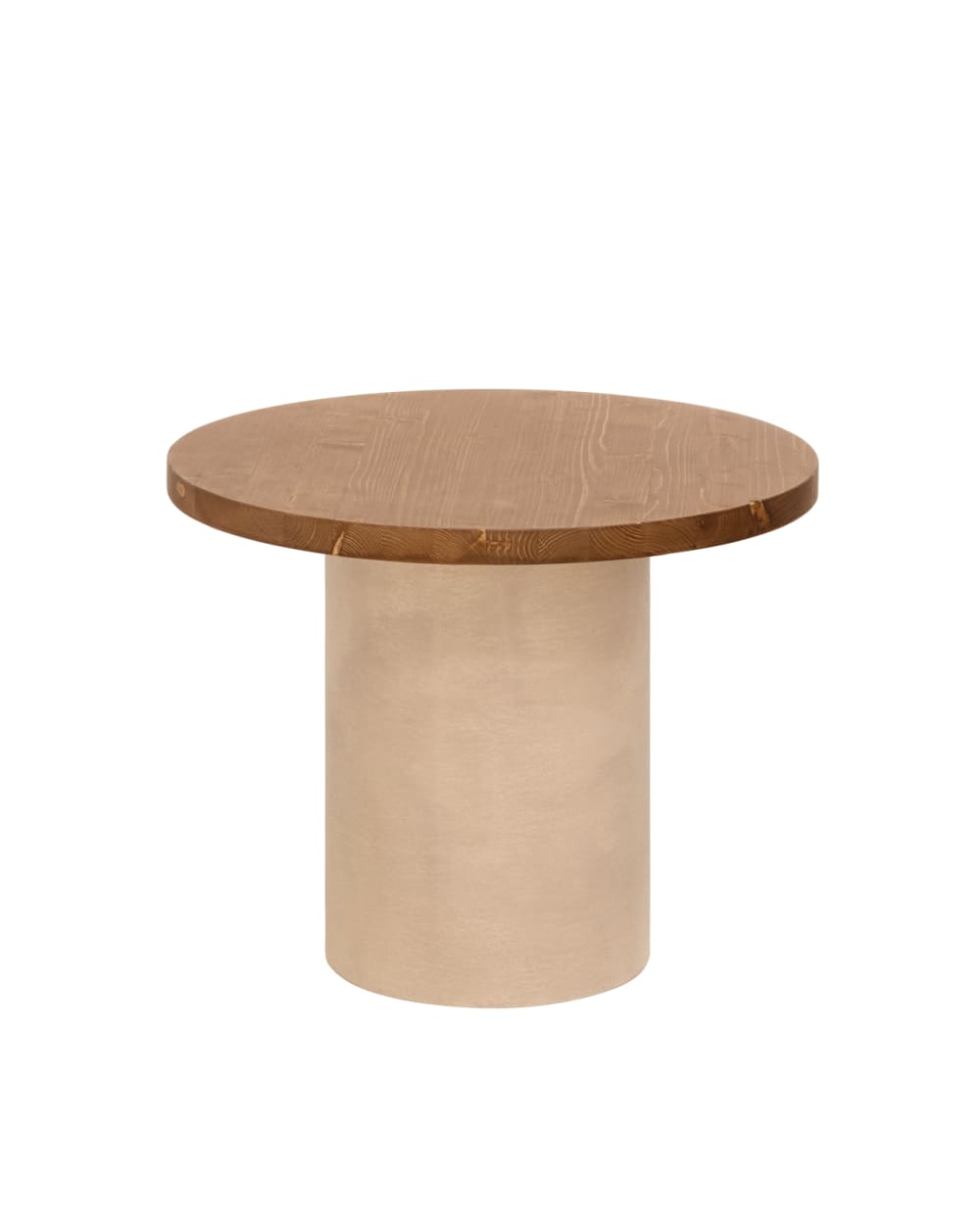 Table basse ronde bois teinte marron pieds microciment beige 45x60cm