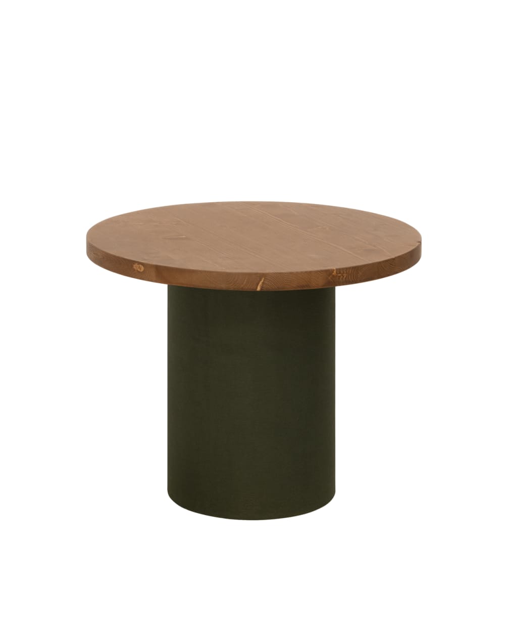 Table basse ronde bois teinte marron pieds microciment terre 45x60cm