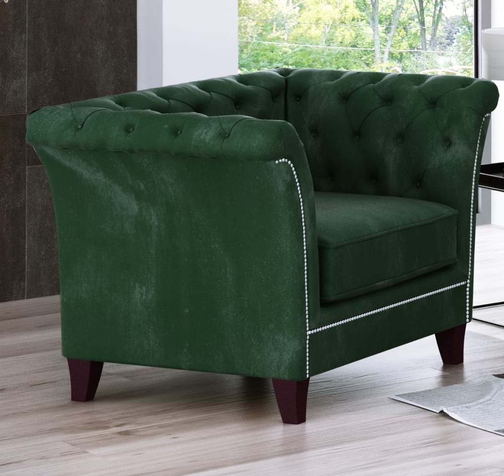 Fauteuil Chesterfield en velours, vert bouteille