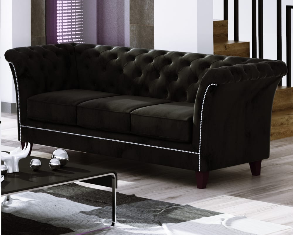 Canapé Chesterfield 3 places en velours, noir
