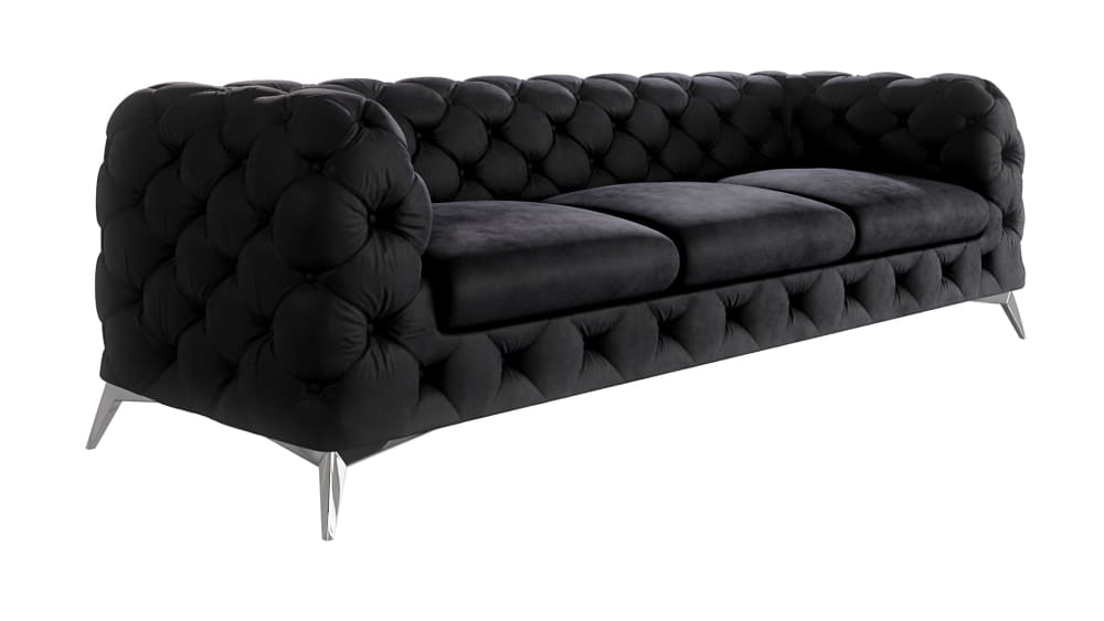 Canapé Chesterfield 3 places en velours avec pieds en métal, noir