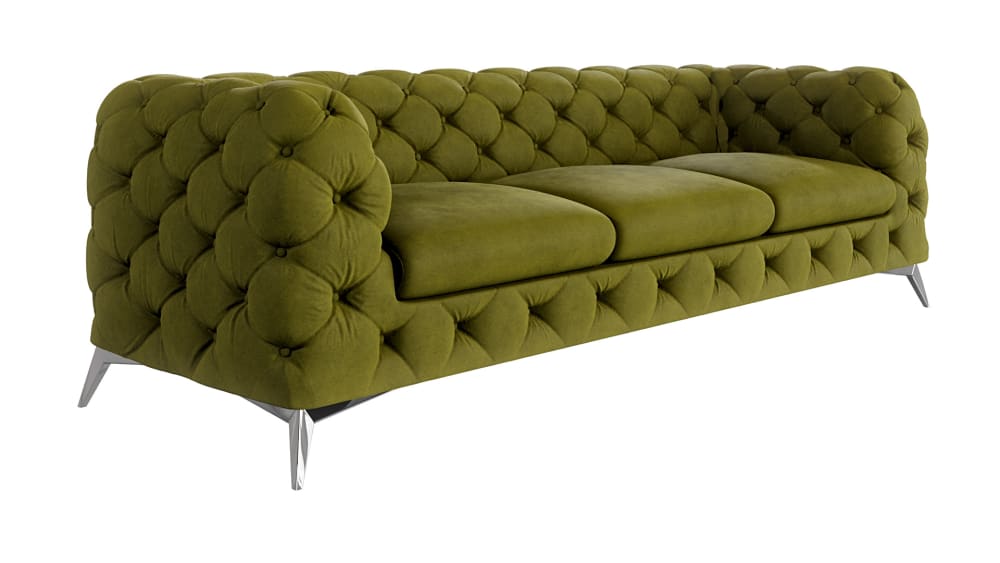 Canapé Chesterfield 3 places en velours avec pieds en métal, olive