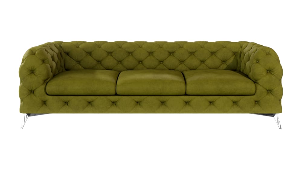 Canapé Chesterfield 3 places en velours avec pieds en métal, olive