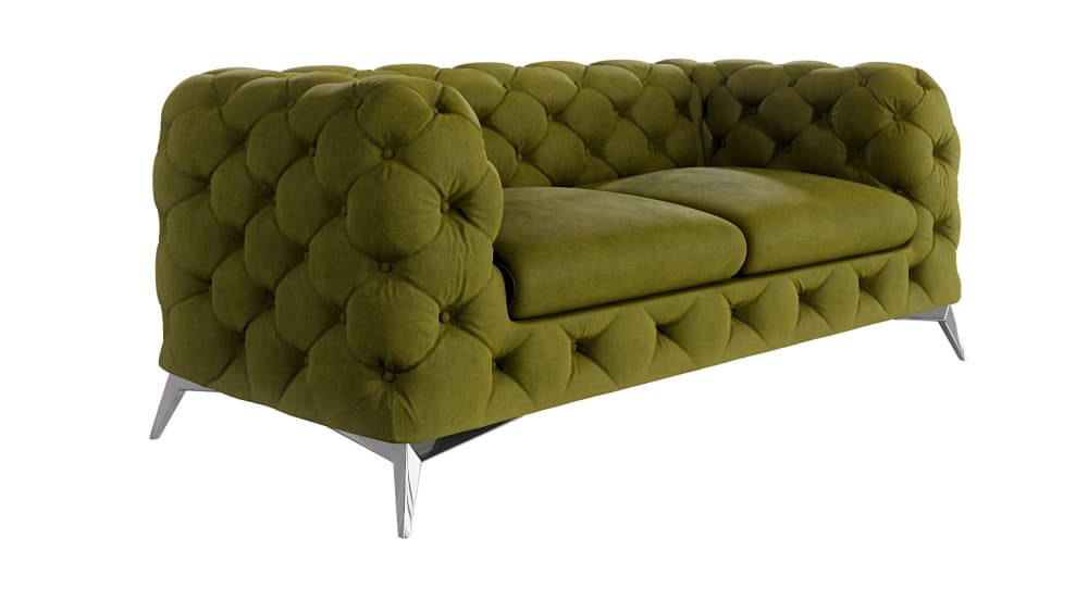 Canapé Chesterfield 2 places en velours avec pieds en métal, olive
