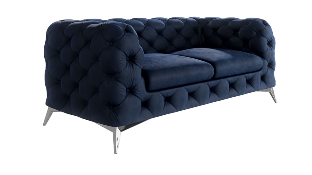 Canapé Chesterfield 2 places en velours, pieds en métal, bleu marine