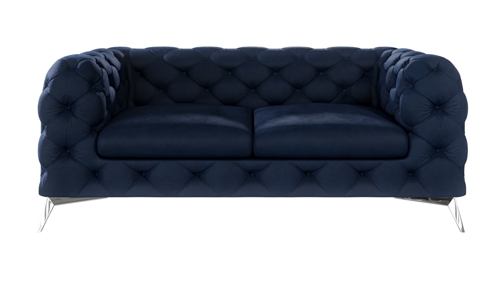 Canapé Chesterfield 2 places en velours, pieds en métal, bleu marine