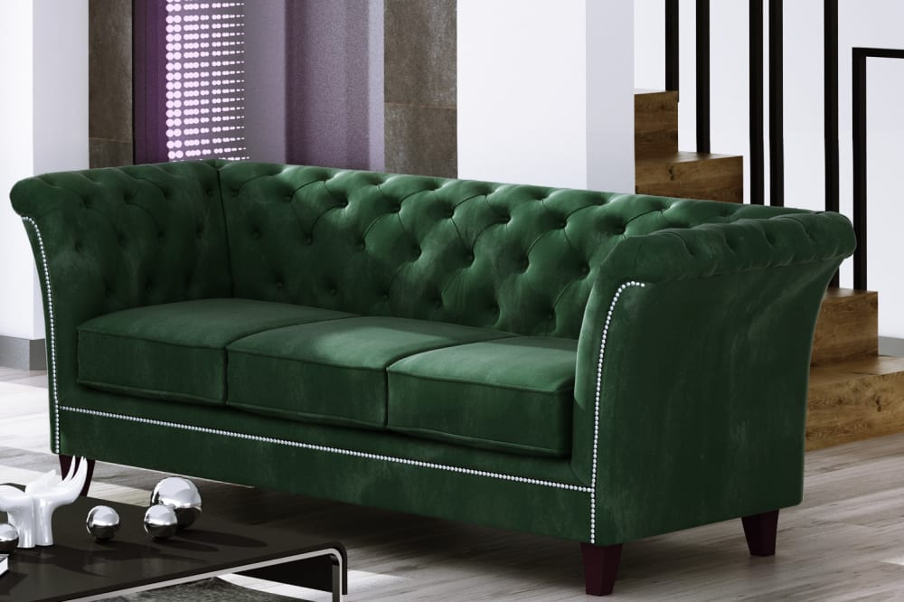 Canapé Chesterfield 3 places en velours, vert bouteille