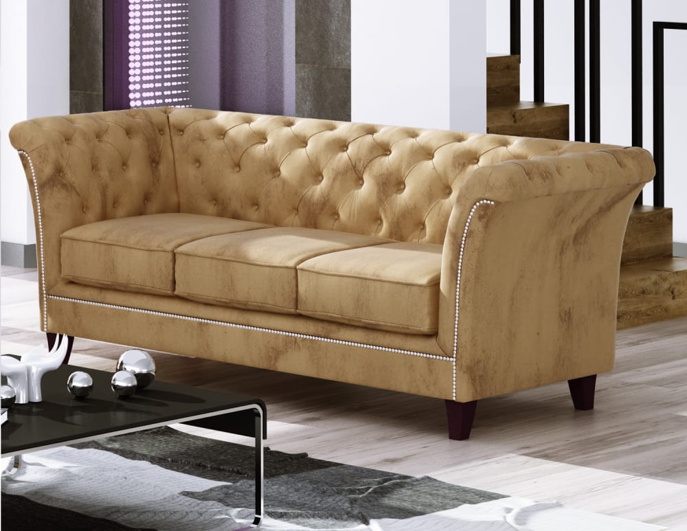 Canapé Chesterfield 3 places en velours, beige