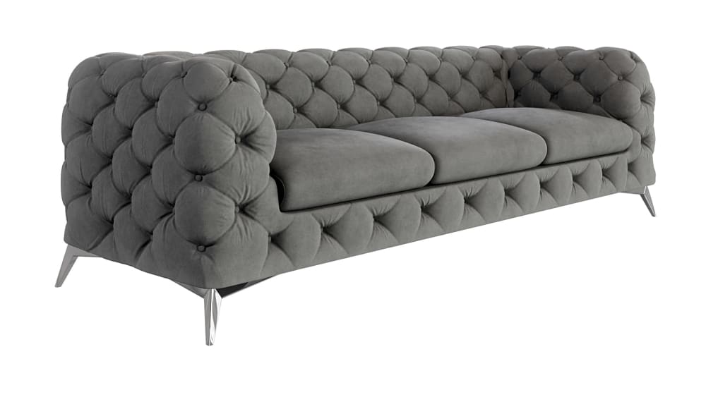 Canapé Chesterfield 3 places en velours avec pieds en métal, gris