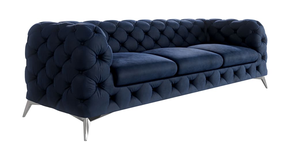 Canapé Chesterfield 3 places en velours, pieds en métal, bleu marine