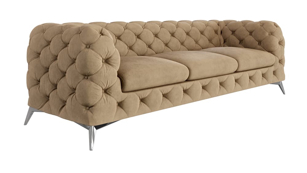 Canapé Chesterfield 3 places en velours avec pieds en métal, beige