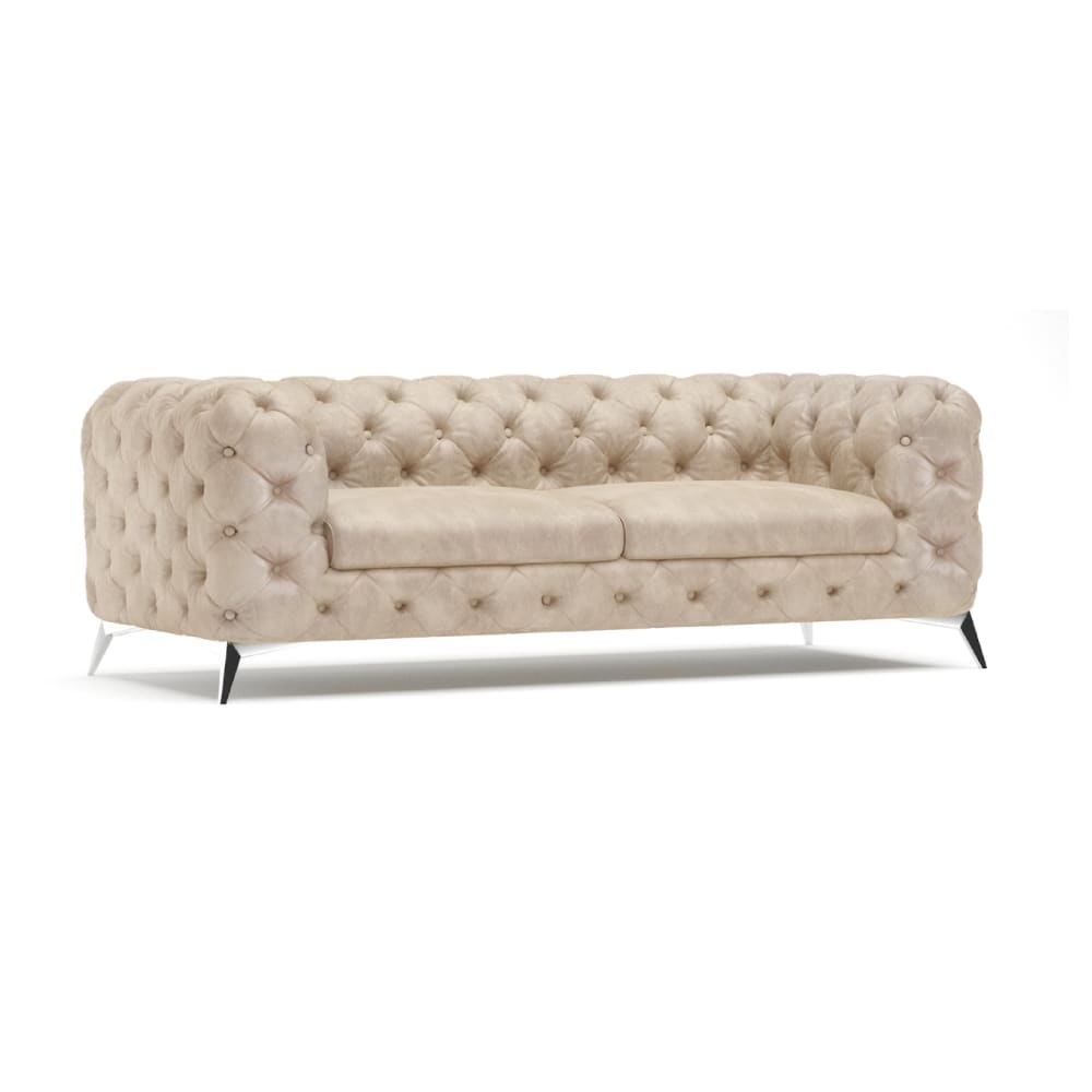Canapé Chesterfield 3 places en velours beige avec pieds argentés