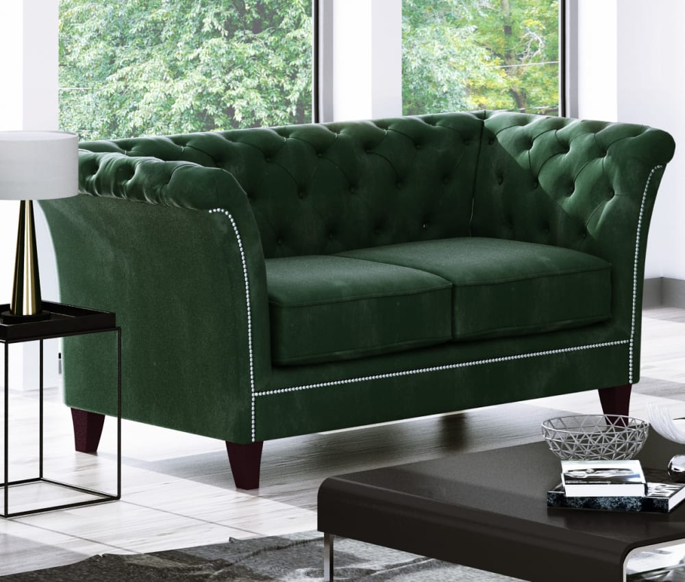 Canapé Chesterfield 2 places en velours, vert bouteille