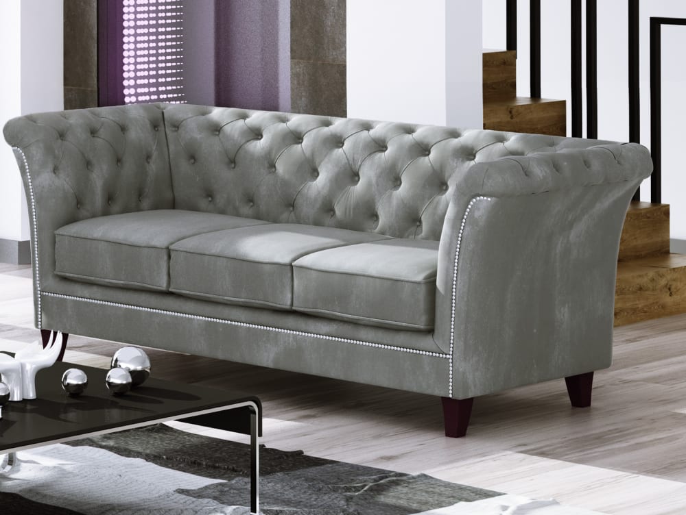 Canapé Chesterfield 3 places en velours, gris