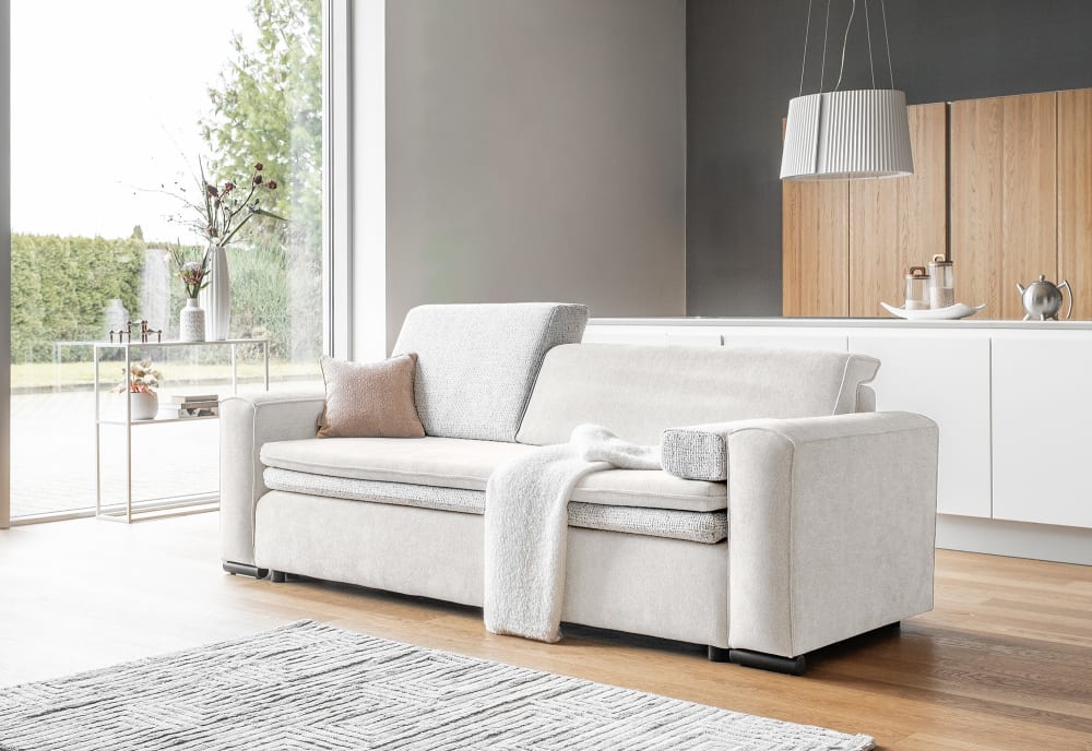 Canapé convertible, tissu anti-tâche, beige