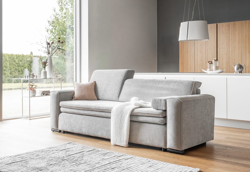 Canapé convertible, tissu anti-tâche, gris