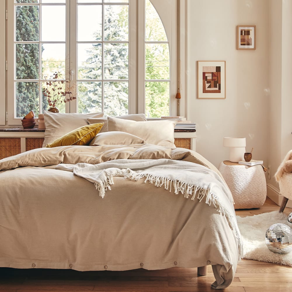 Parure unie en flanelle de coton beige sésame 200x200