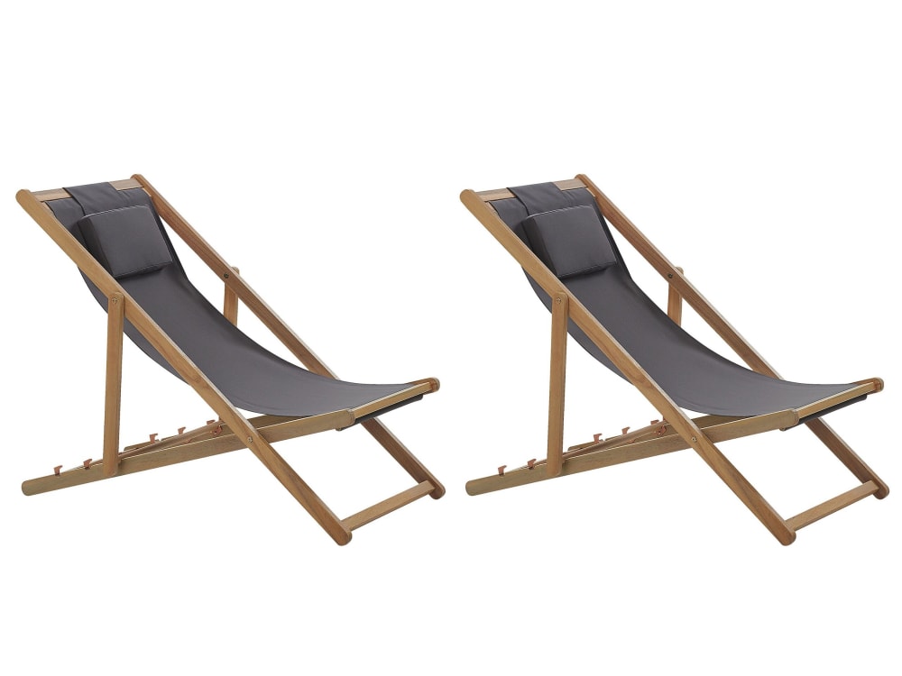 Lot de 2 chaises longues en tissu et bois gris